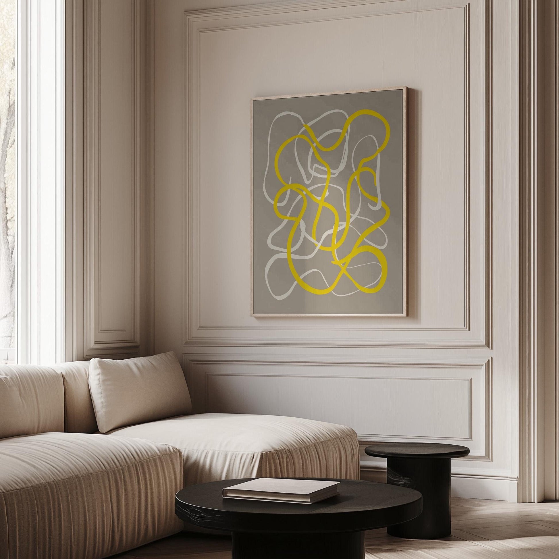 Yellow Abstract Line Giclée Canvas Print Modern Minimal Wall Art for Dining Room or Creative Studio