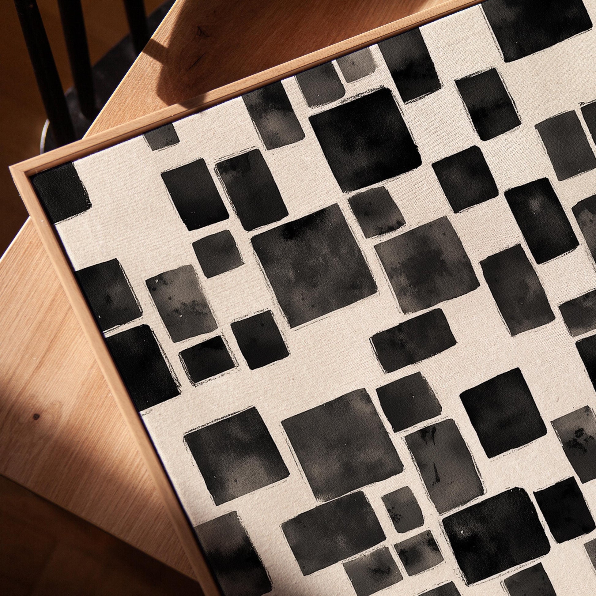 Modern Black Abstract Squares Canvas Art, Minimalist Geometric Wall Art Print, Contemporary Giclée for Living Room or Office Decor