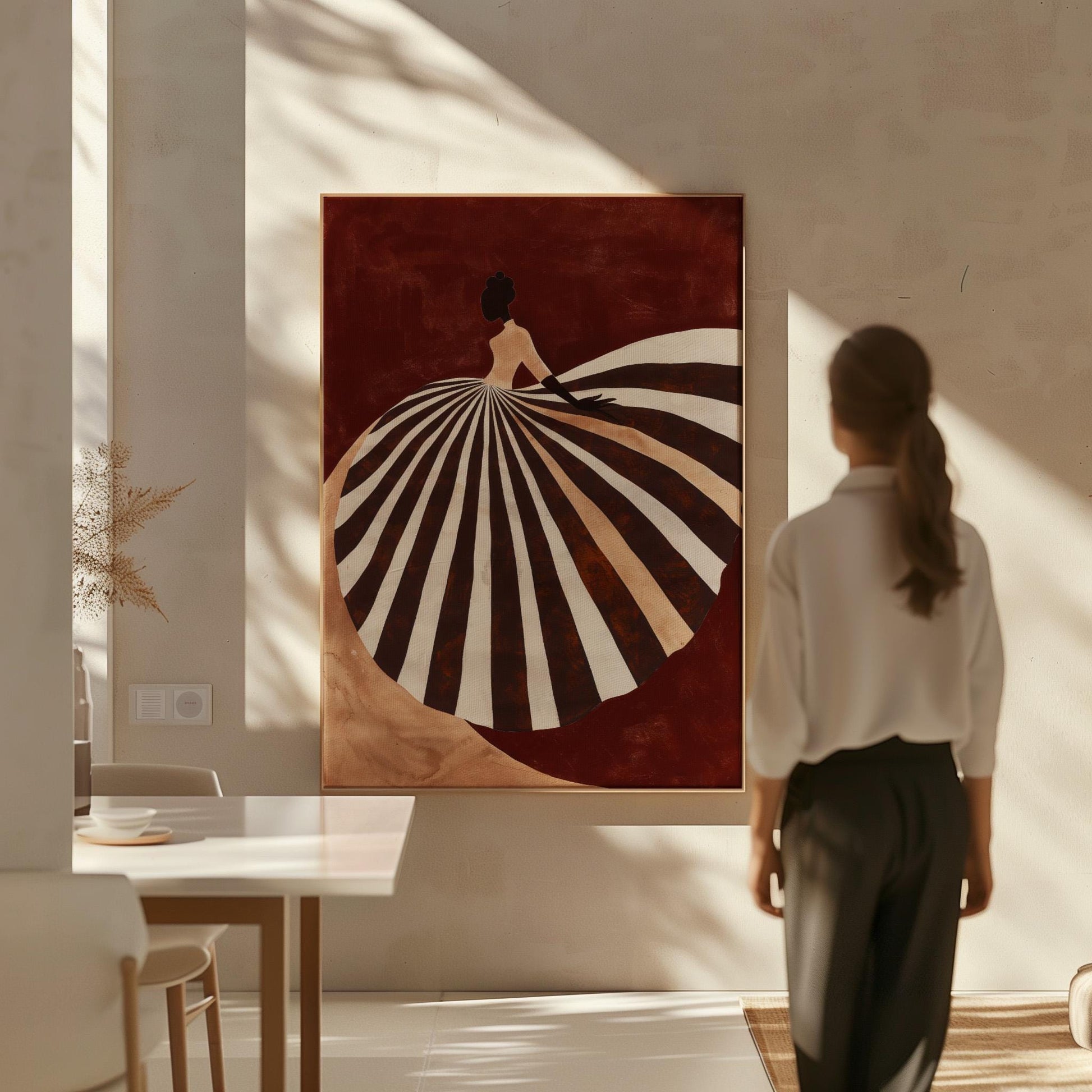 Brown and Beige Figurative Canvas Wall Art with Striped Dress Floating Frame Modern Feminine Print for Living Room