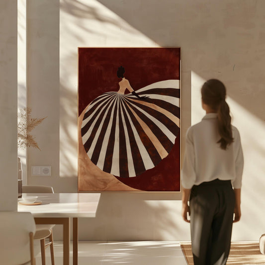 Brown and Beige Figurative Canvas Wall Art with Striped Dress Floating Frame Modern Feminine Print for Living Room