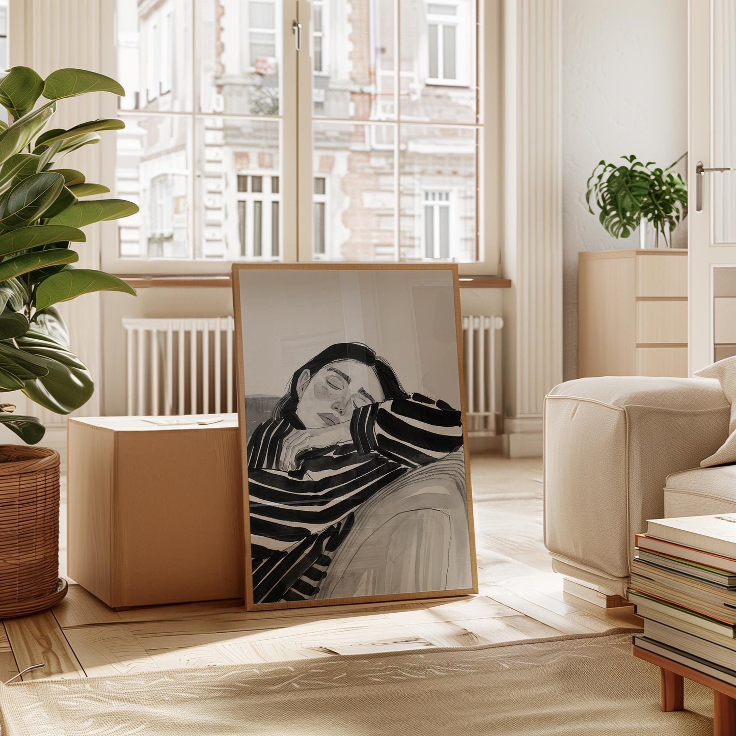 Minimalist Black and White Art – Resting Woman Print with Soft Gray Tones