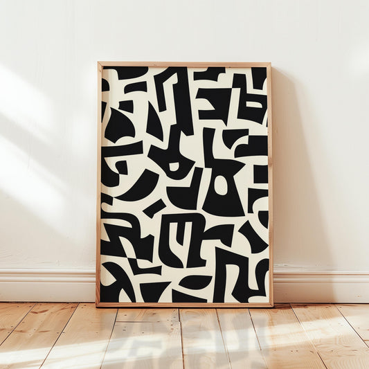 Abstract Wall Art Print – Geometric Black Shapes on Cream | Minimalist Design
