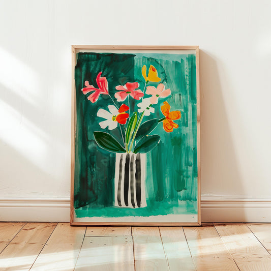 Floral Wall Art Print – Vibrant Botanical Poster with Colorful Flowers on Teal Decor