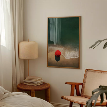 Minimalist Beach Print - Red Umbrella Coastal Wall Art | Modern Coastal Design