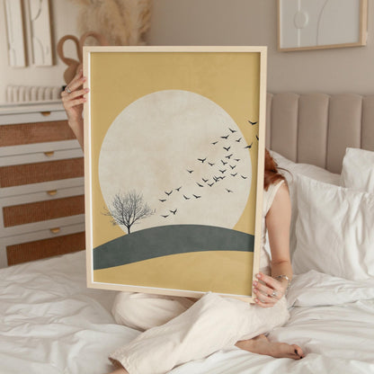 Japandi Wall Art | Yellow Sun Artwork With Flying Birds Canvas - Minimalist Decor