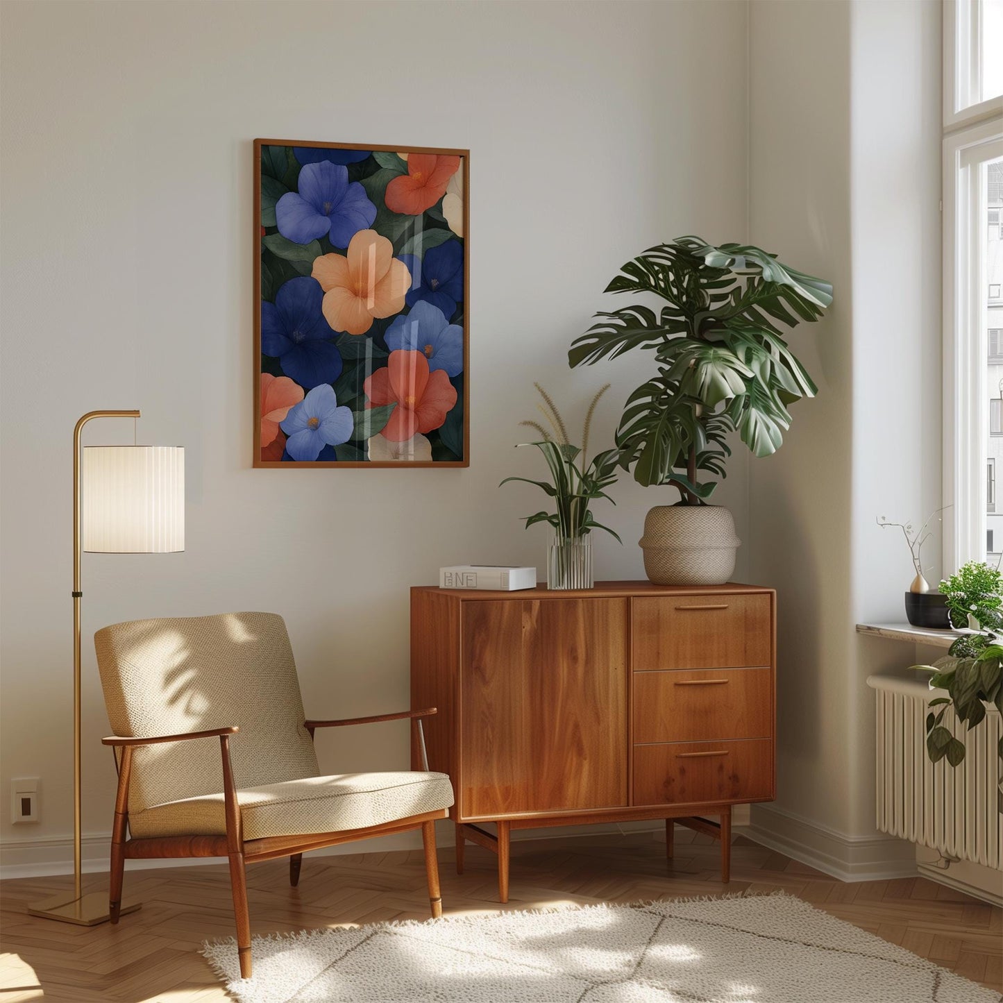 Botanical Wall Art – Tropical Floral Print With Blue Coral Hibiscus Flowers