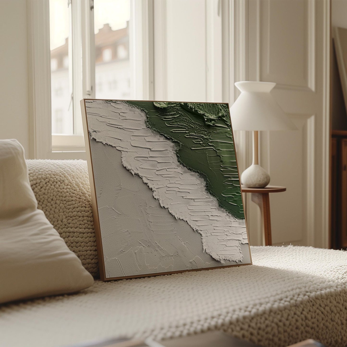 Japandi Canvas Art – Abstract Green Beige Textured Floating Frame Canvas