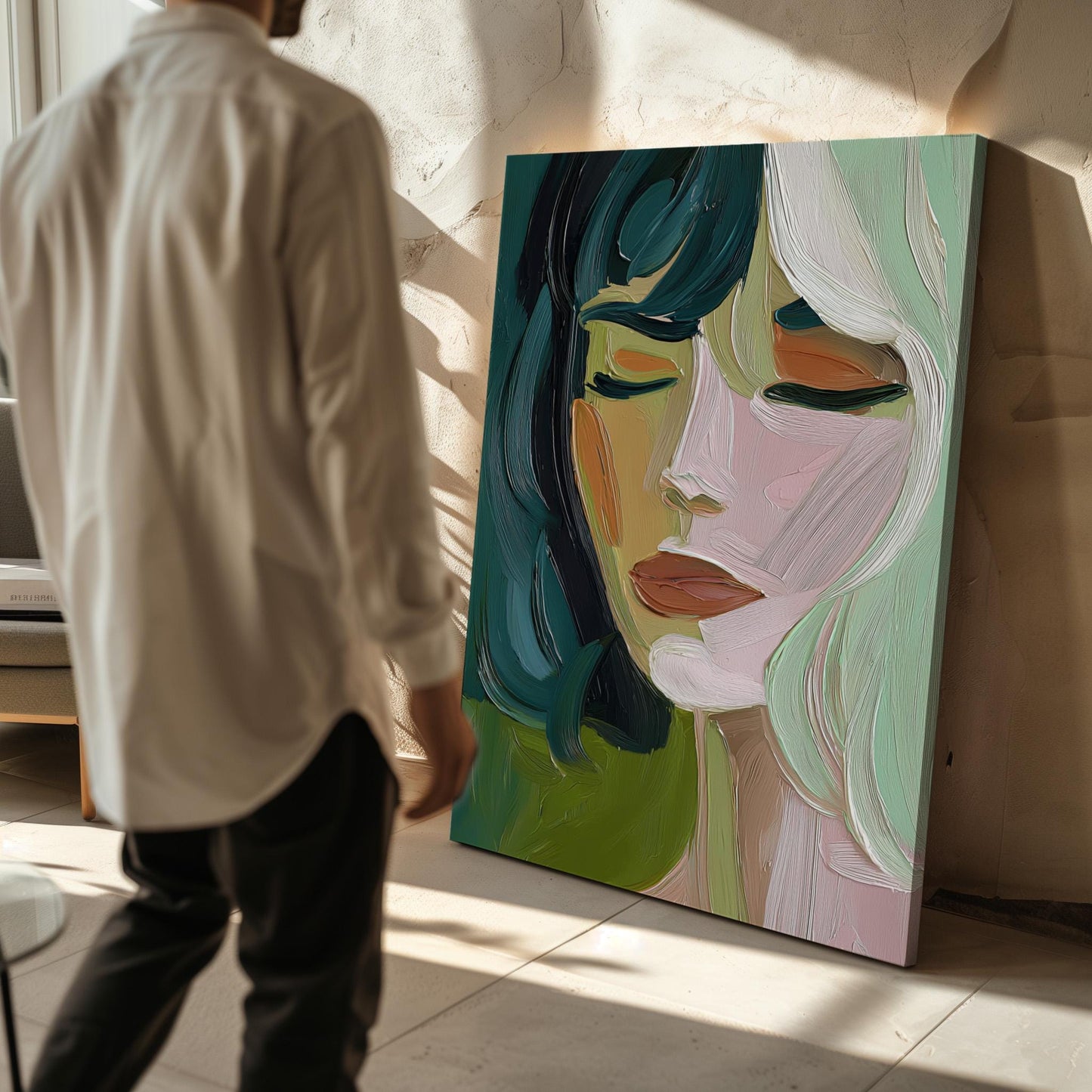 Green and Yellow Figurative Canvas – Abstract Portrait Giclée Print with Floating Frame