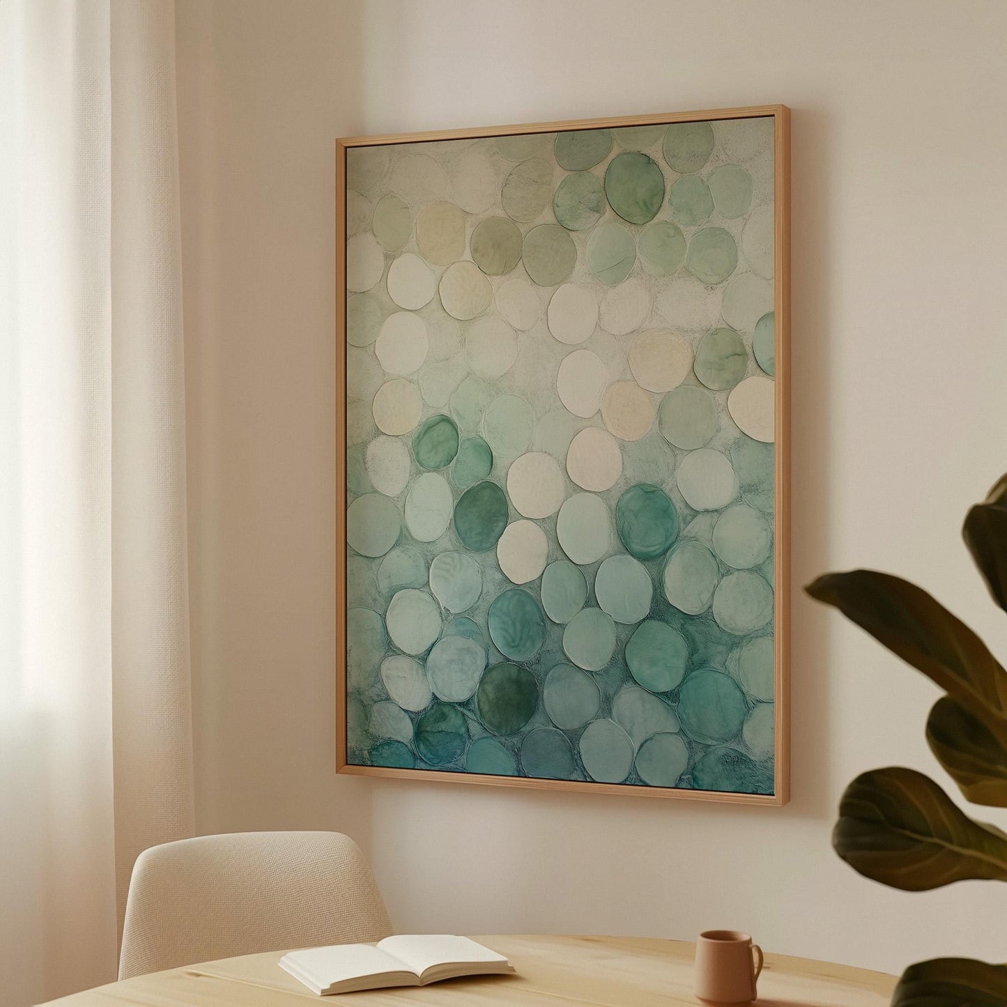 Abstract Circle Canvas - Japandi Wall Art With Green Beige Decor & Floating Wood Frame