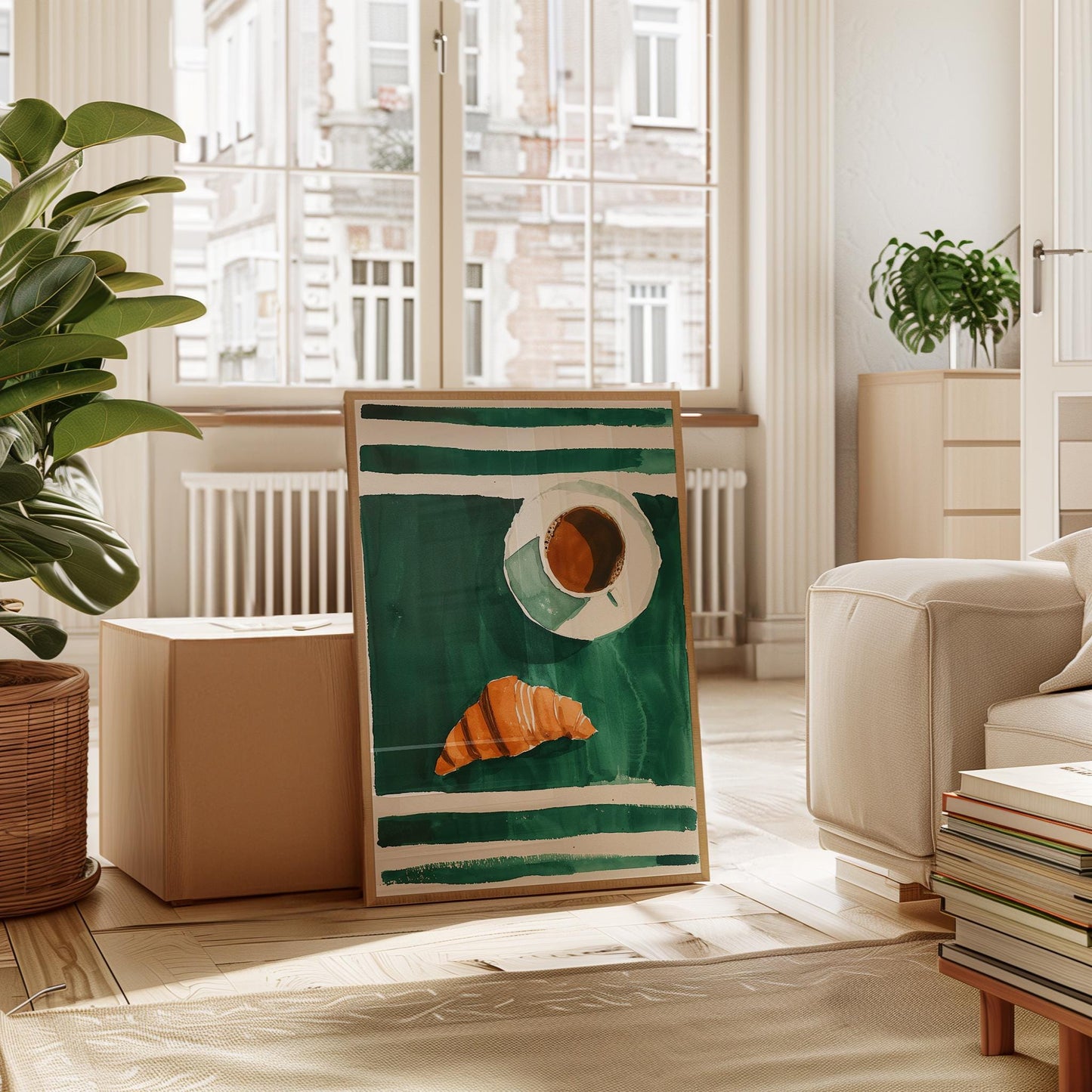 Coffee and Croissant Poster - Cozy Kitchen Wall Art With Emerald Green Stripes