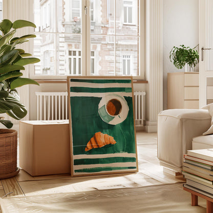 Coffee and Croissant Poster - Cozy Kitchen Wall Art With Emerald Green Stripes