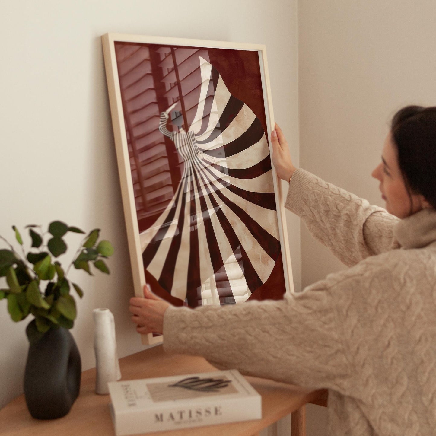 Abstract Woman Art Print – Modern Wall Decor | Striped Dress Canvas with Emerald Tones