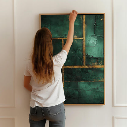 Emerald Green and Gold Geometric Giclée Canvas Print, Modern Abstract Textured Wall Art for Living Room or Office