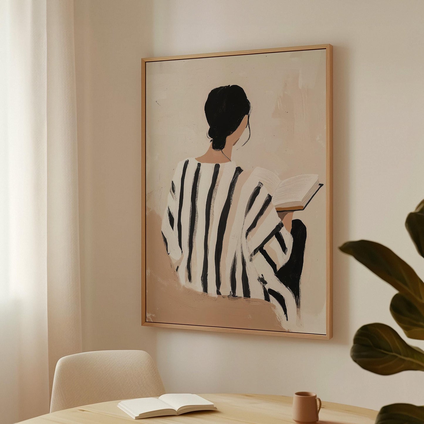 Figurative Canvas Wall Art Woman Reading Book in Black and White Striped Dress Neutral Background