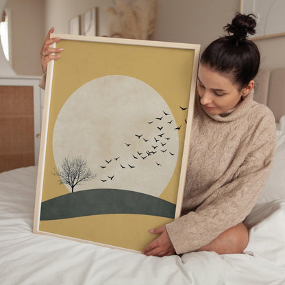 Japandi Wall Art | Yellow Sun Artwork With Flying Birds Canvas - Minimalist Decor