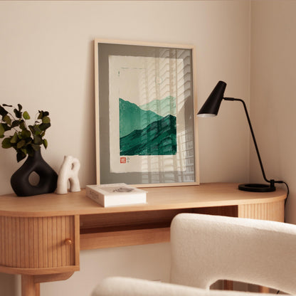 Japanese Woodblock Print – Mountain Landscape Art | Teal Green Minimalist Poster