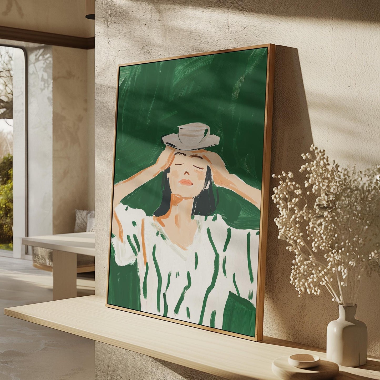 Figurative Canvas Wall Art Woman Balancing Teacup on Head in White and Green Dress Framed Print