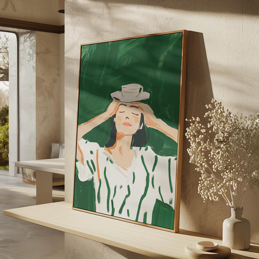 Figurative Canvas Wall Art Woman Balancing Teacup on Head in White and Green Dress Framed Print