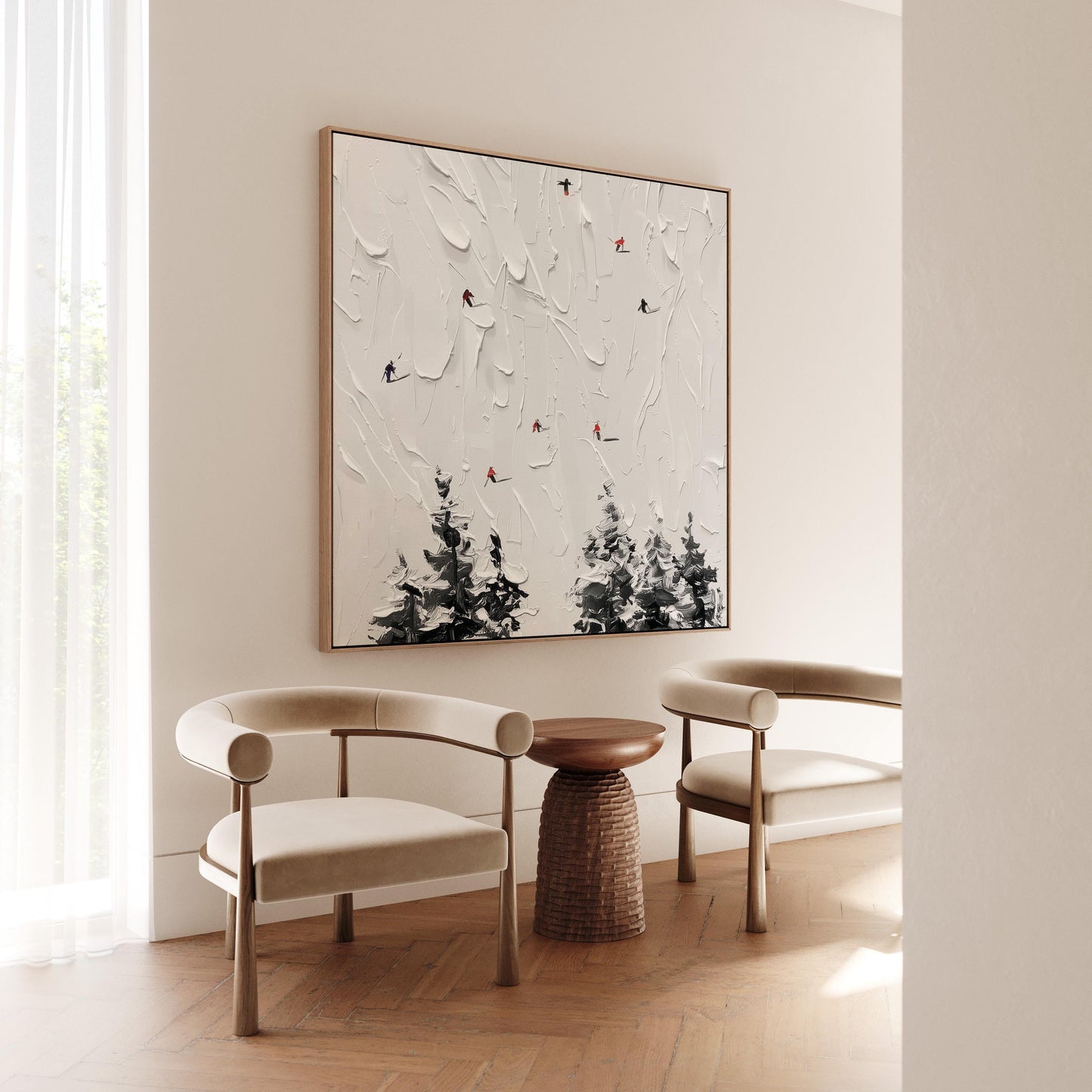 Skiing Wall Art – Textured Winter Snow Scene on Large Square Canvas Print