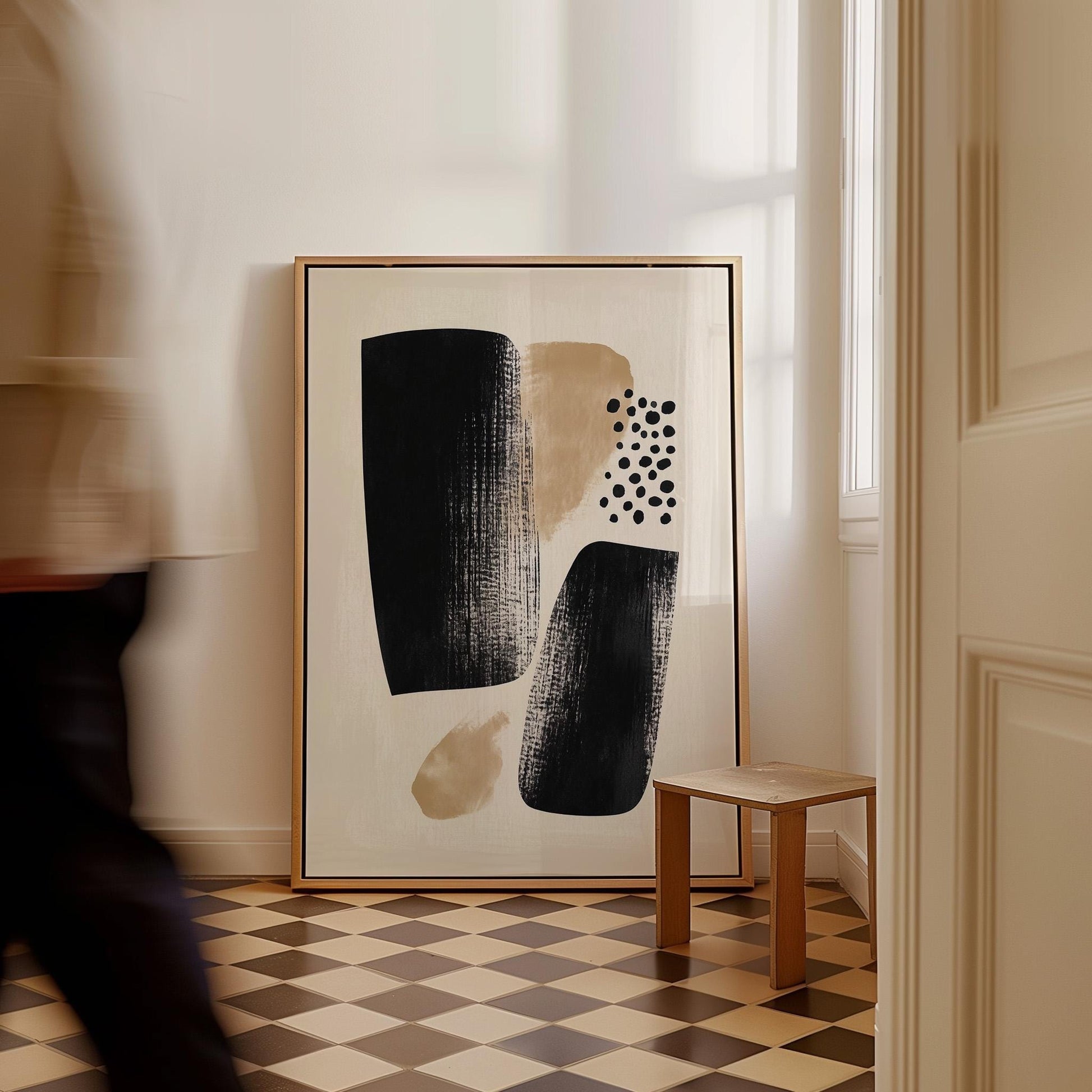 Black and Beige Abstract Canvas Art Minimalist Wall Decor with Organic Shapes, Modern Textured Painting for Living Room or Office