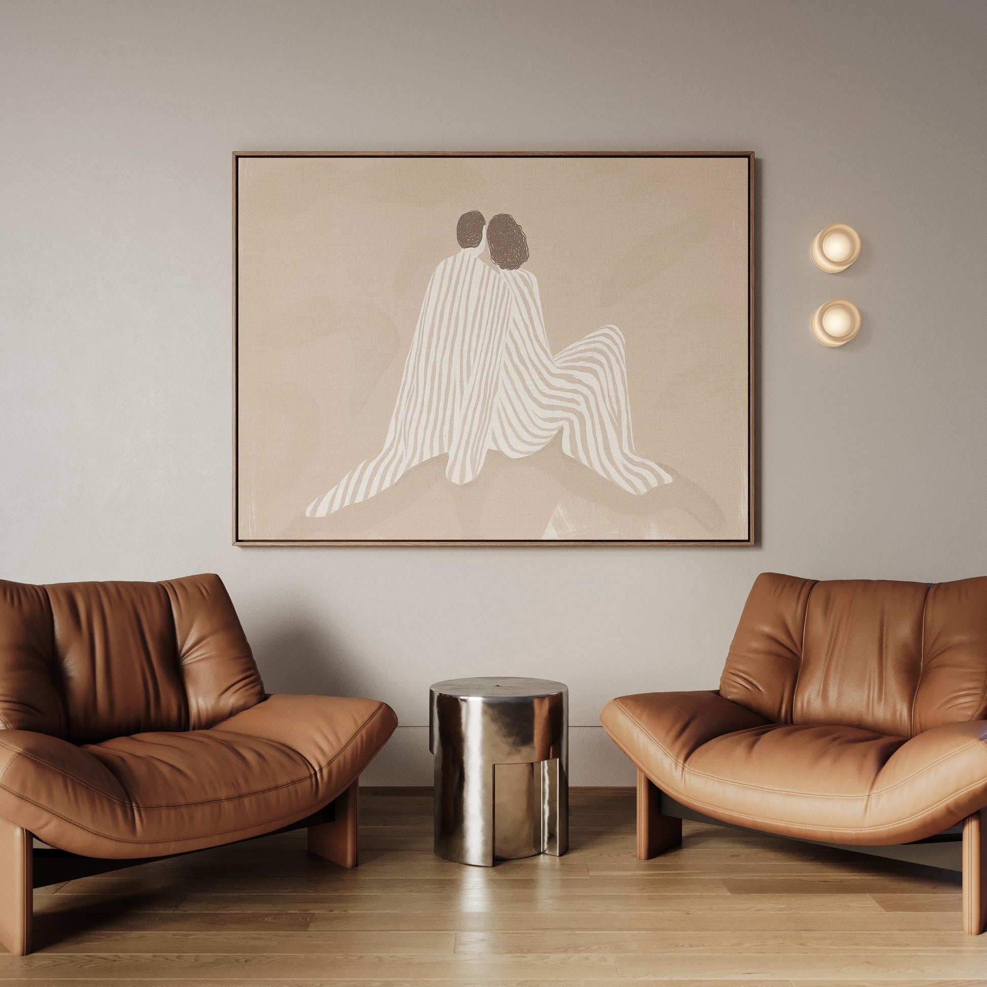Giclée Canvas Print Beige Couple Embrace Line Art Minimalist Neutral Wall Decor for Bedroom or Living Room Modern Abstract Romance