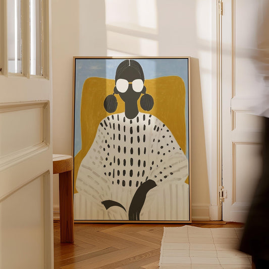 Modern Woman Wall Art Print Minimalist Portrait Canvas Painting with Sunglasses Large Contemporary Decor for Living Room or Office