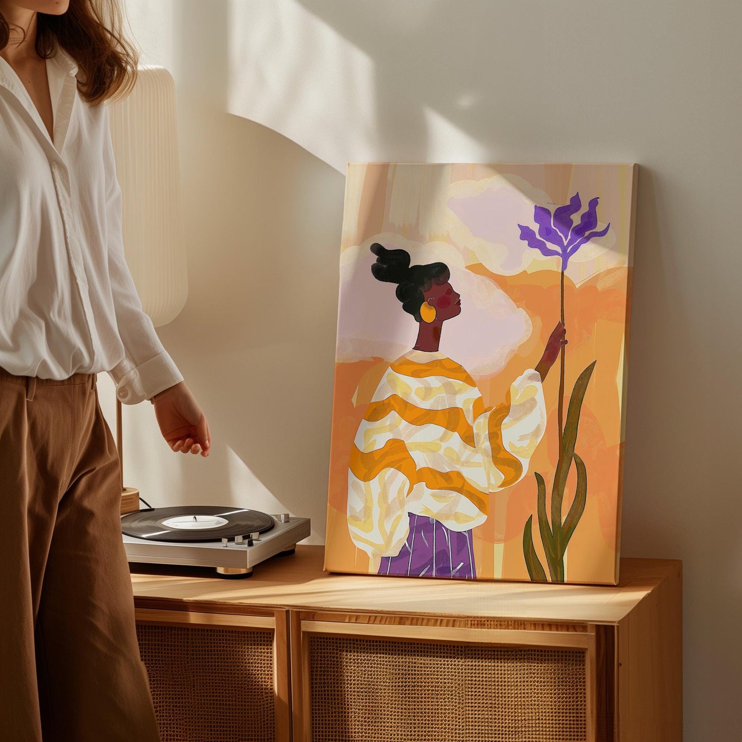 Colorful Woman with Flower Wall Art Print Modern Abstract Canvas Orange Purple Large Living Room Bedroom Decor