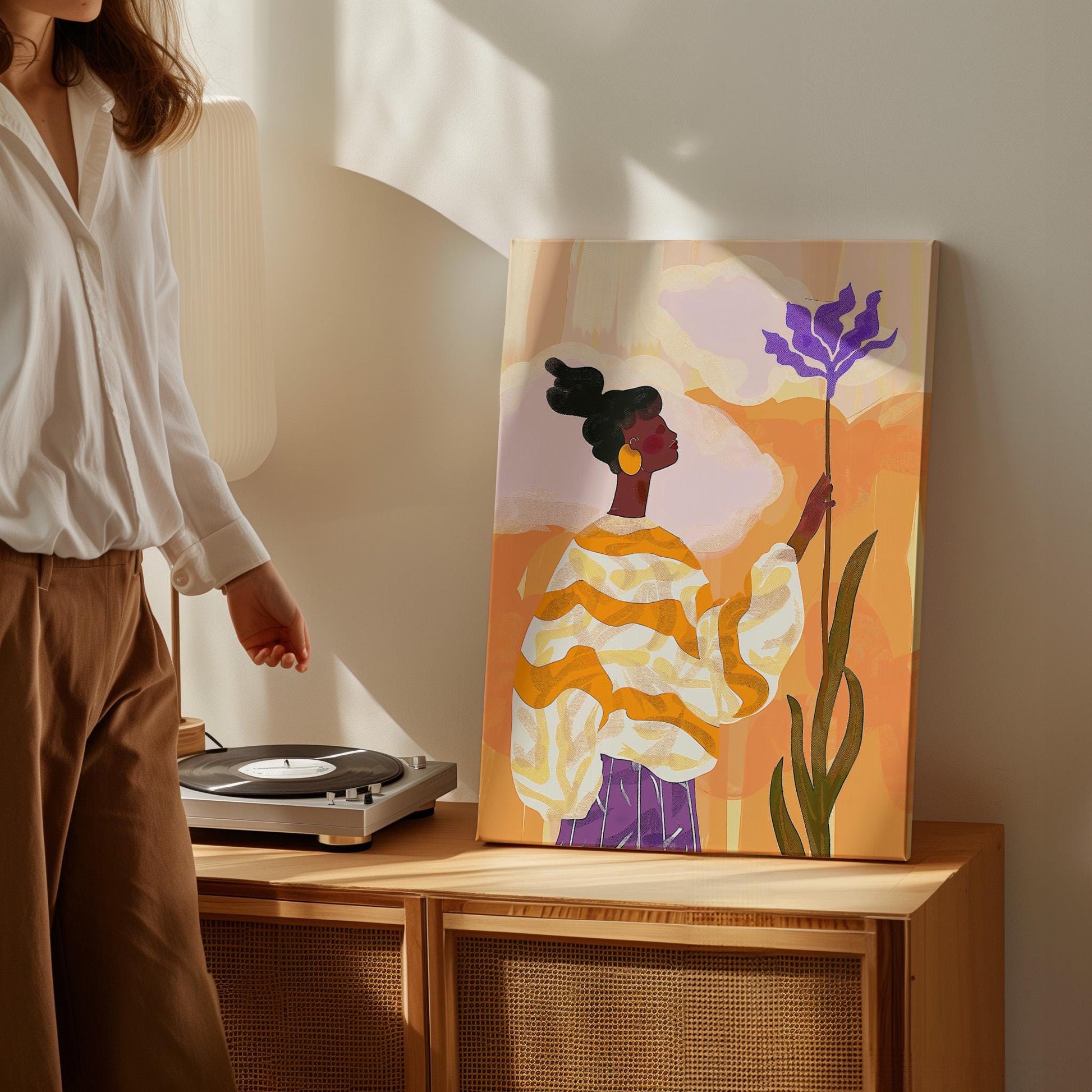 Colorful Woman with Flower Wall Art Print Modern Abstract Canvas Orange Purple Large Living Room Bedroom Decor