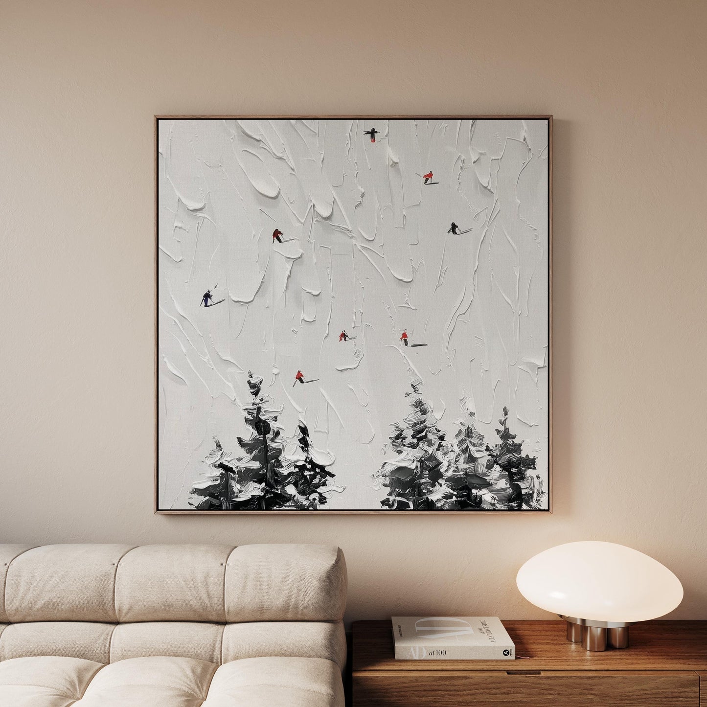 Skiing Canvas Wall Art: Winter Snow Scene with Skiers, Neutral Textured Painting, Large Square Artwork for Living Room or Cabin