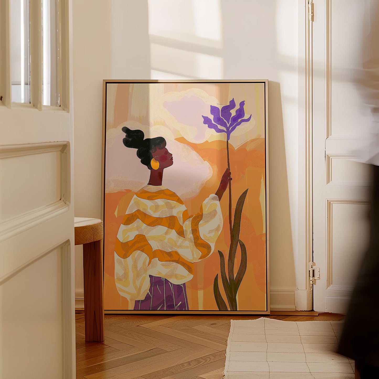 Colorful Woman with Flower Wall Art Print Modern Abstract Canvas Orange Purple Large Living Room Bedroom Decor