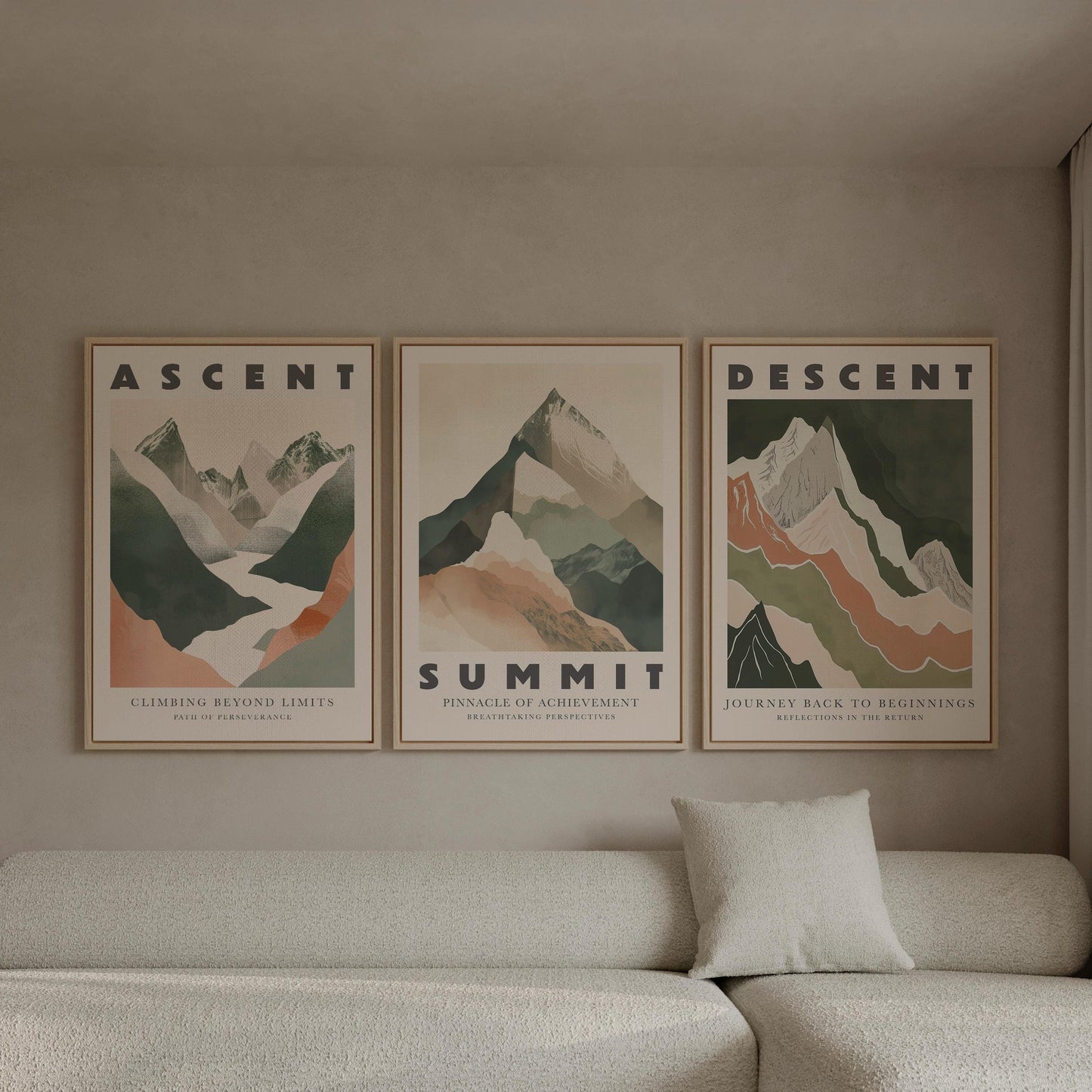 Ascent Summit Descent Canvas Wall Art Set of 3 Mountain Posters Adventure Inspired Nature Prints for Living Room or Office Decor