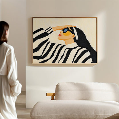 Stylish Woman in Striped Sweater Giclée Canvas Print Modern Fashion Wall Art for Living Room or Bedroom