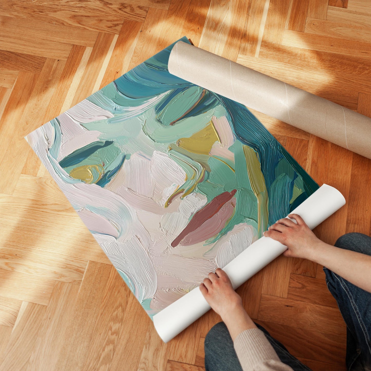 Green and Yellow Woman Face Portrait Textured Canvas Wall Art with Floating Frame