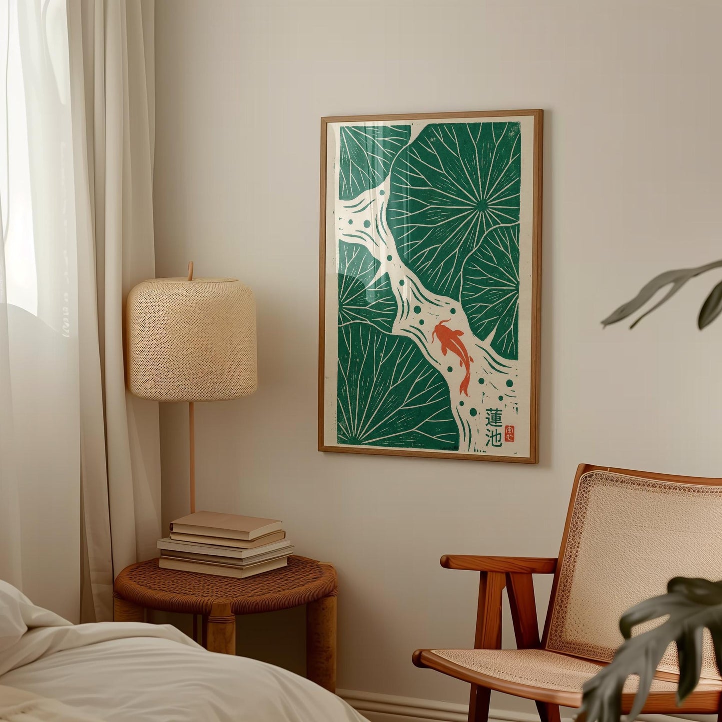 Koi Fish Print - Japanese Wall Art | Linocut Poster & Lotus Leaf Decor