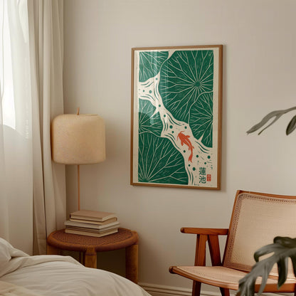 Koi Fish Print - Japanese Wall Art | Linocut Poster & Lotus Leaf Decor