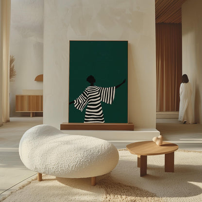 Minimalist Canvas Wall Art Black and White Woman Silhouette in Striped Dress Modern Large Print for Living Room or Bedroom