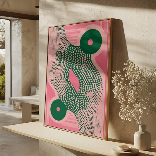 Pink and Green Geometric Abstract Canvas Art Modern Retro Wall Decor for Dining Room or Office, Mid Century Inspired Print