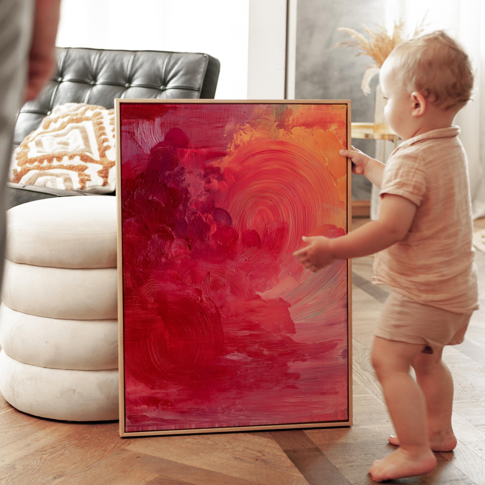 Pink and Red Abstract Canvas Art with Floating Frame
