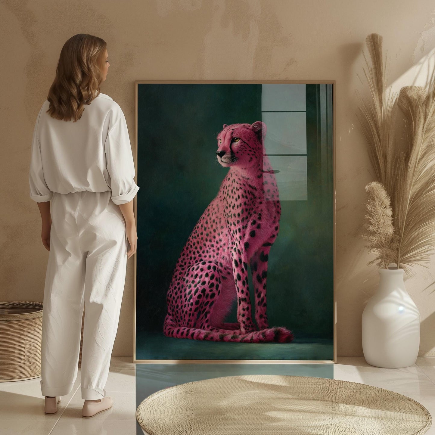 Pink Cheetah Art Print - Emerald Green Wall Art | Maximalist Home Decor Canvas