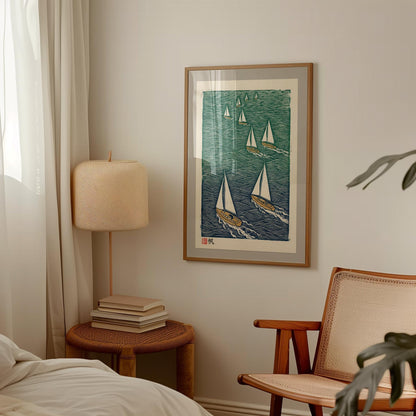 Nautical Sailboat Print – Teal Navy Ocean Art on Archival Fine Art Paper