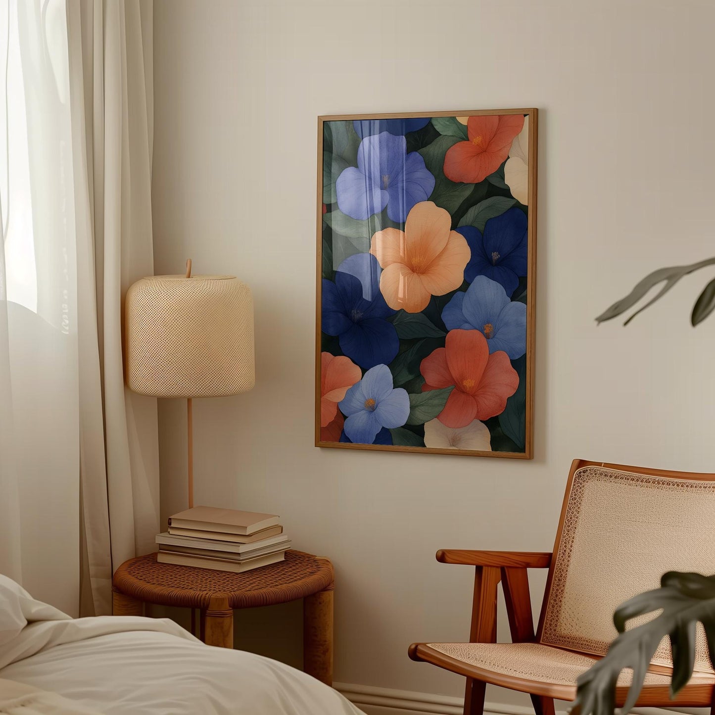 Botanical Wall Art – Tropical Floral Print With Blue Coral Hibiscus Flowers