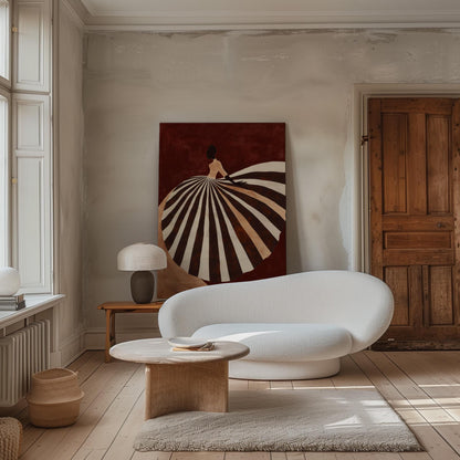 Brown and Beige Figurative Canvas Wall Art with Striped Dress Floating Frame Modern Feminine Print for Living Room