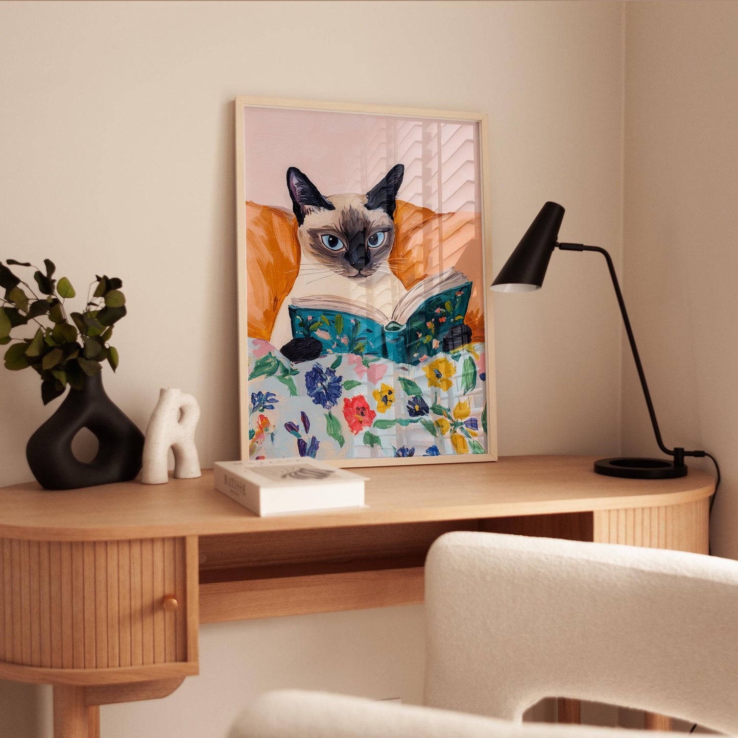 Cat Wall Art – Siamese Cat Print with Floral Reading Nook Decor, Cozy Home