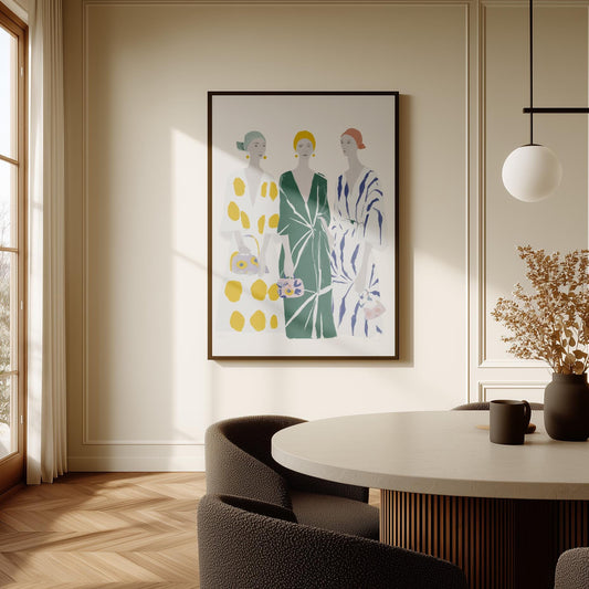 Figurative Canvas Wall Art Three Women in Patterned Dresses with Green Yellow and Blue Frame