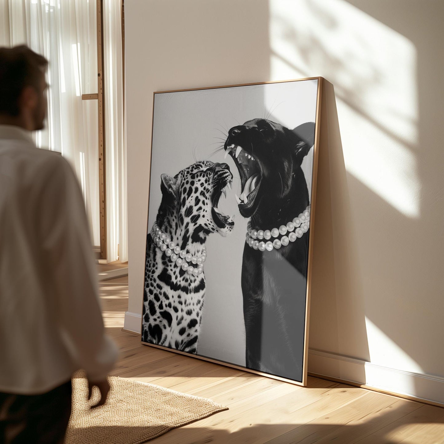 Animal Canvas Wall Art Leopard and Black Panther with Pearl Necklaces Black and White Framed Print