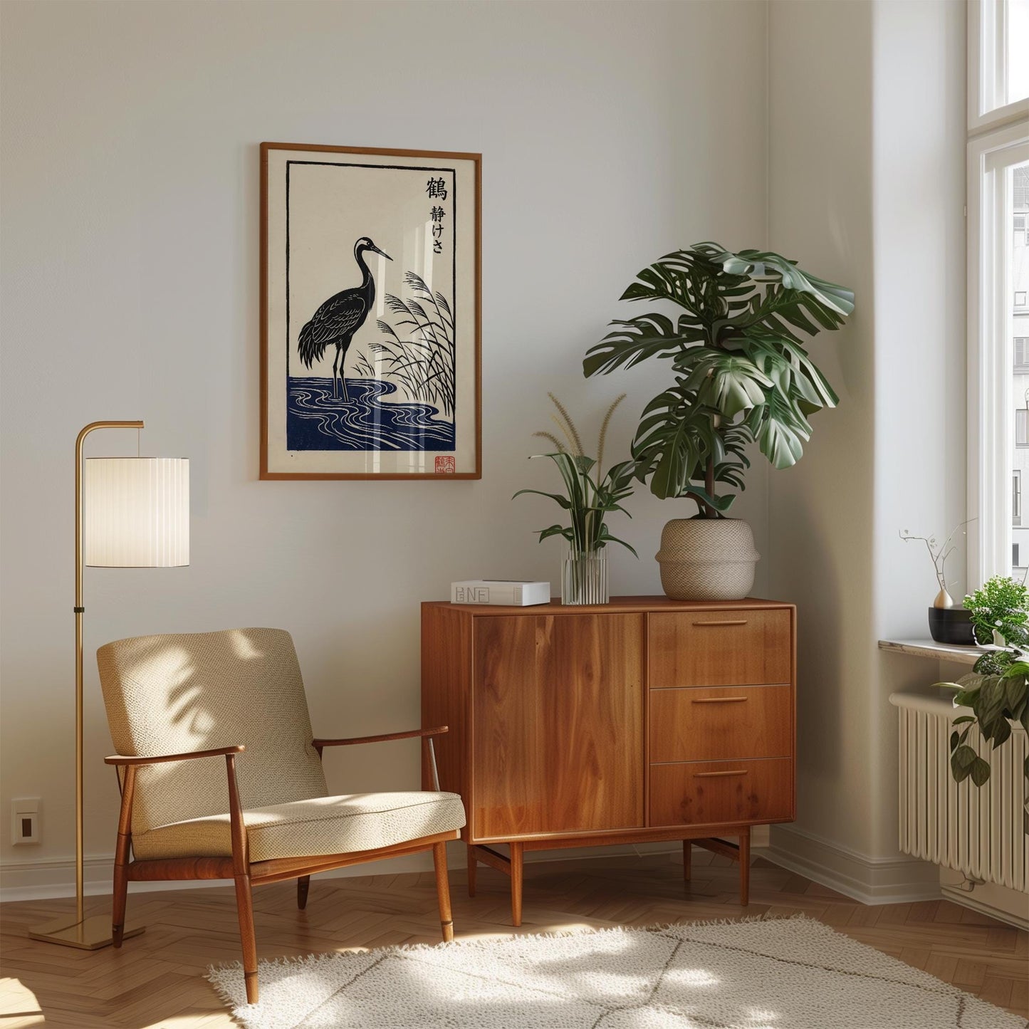 Crane Wall Art Print – Minimalist Japanese Art | Zen Home Decoration, Black & Cream Poster