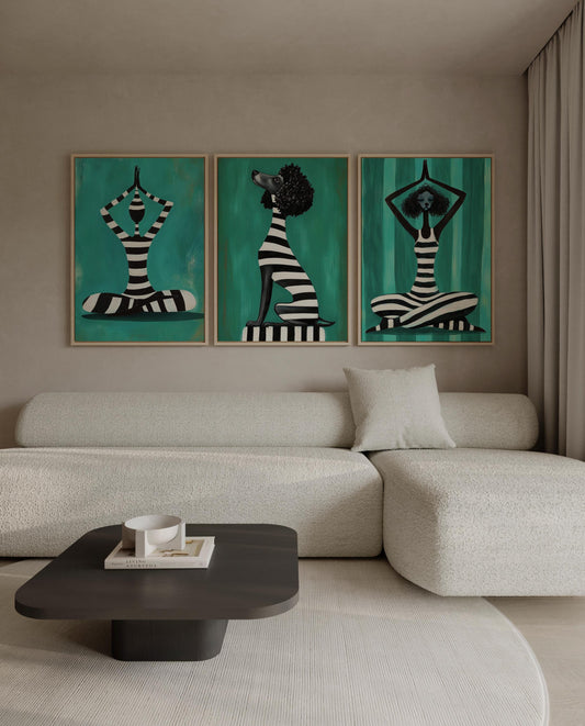 Yoga Dog Canvas - Set of Three Black White Art Prints | Minimalist Wall Decor