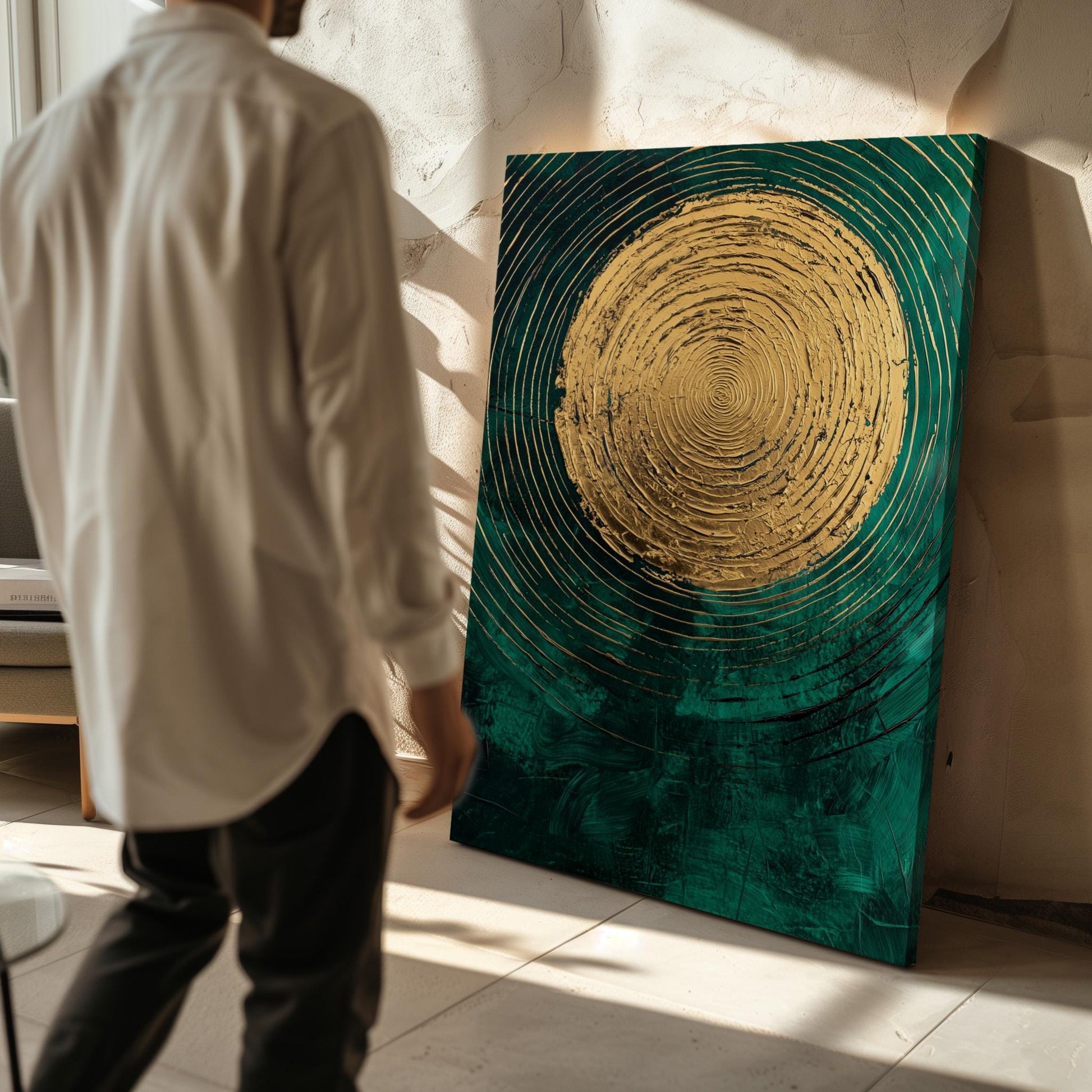 Emerald Green and Gold Sun Giclée Canvas Print, Modern Textured Abstract Wall Art for Dining Room or Living Space