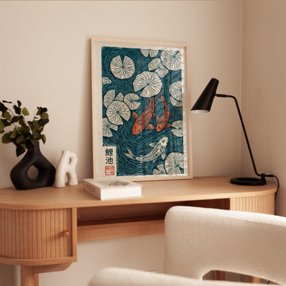 Koi Fish Print – Traditional Japanese Woodblock Art | Teal Orange Wall Art