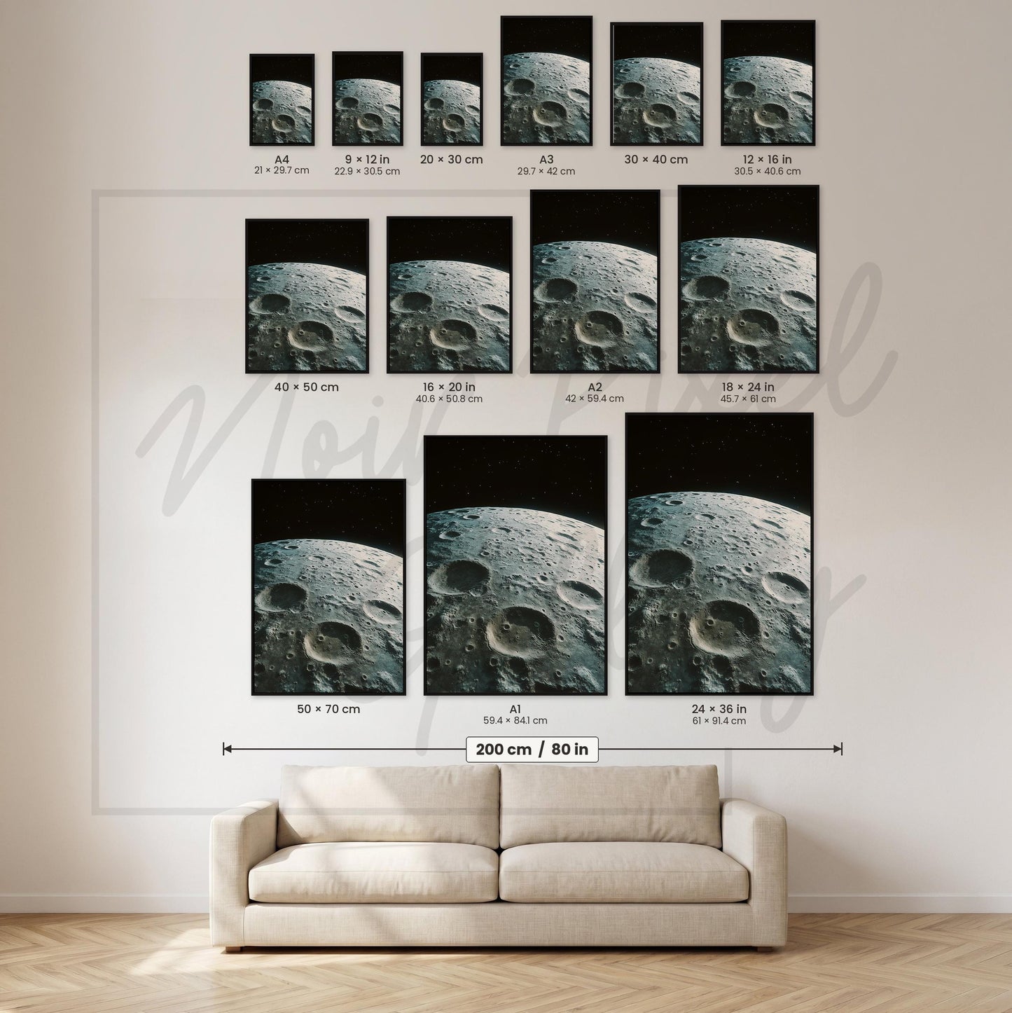 Moon Wall Art Print – Black and White Lunar Photo with Vintage NASA Art